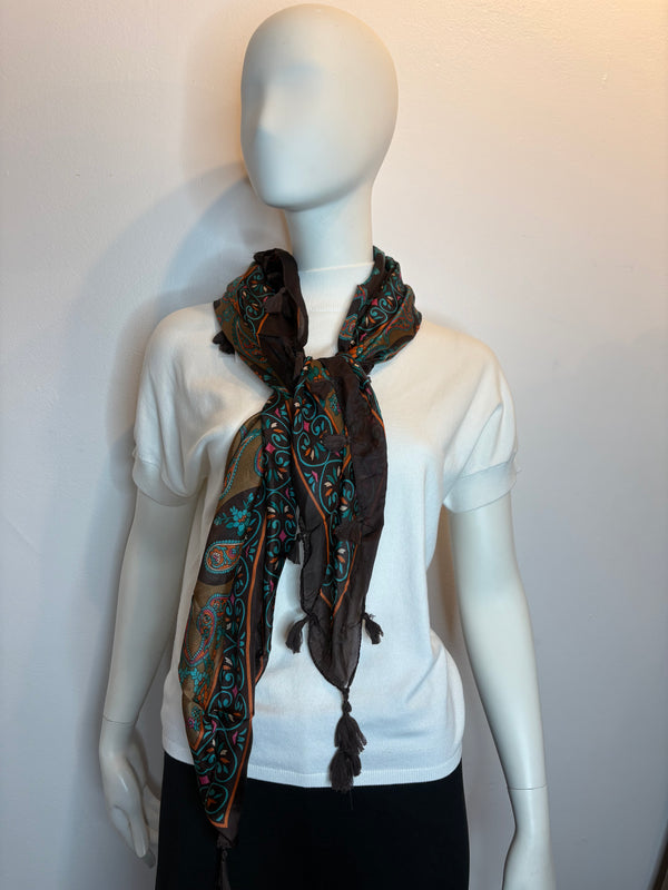 Silk Square Scarf with Cashmere Print and Tassels