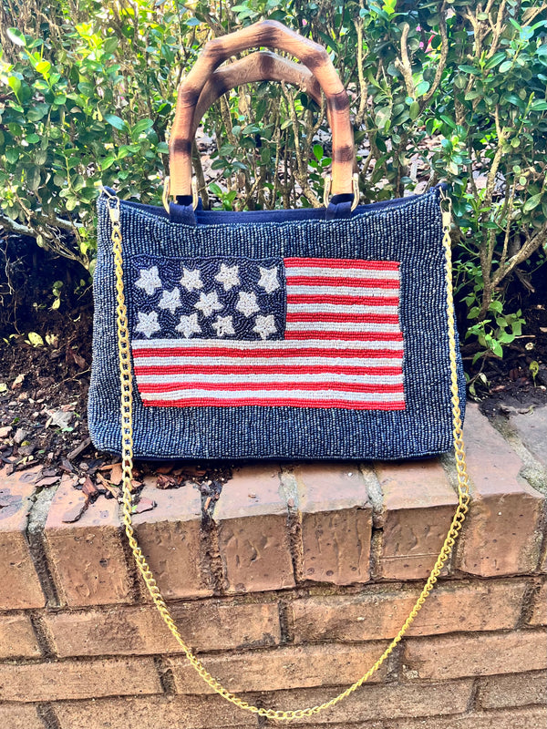Navy Beaded American Flag Purse