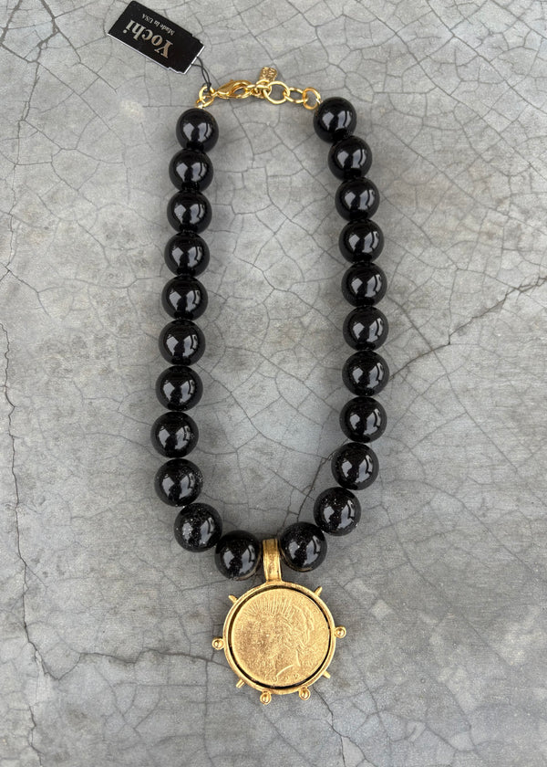 Black Bead Gold Liberty Coin Necklace