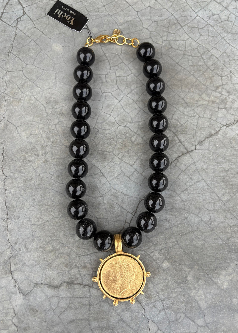 Black Bead Gold Liberty Coin Necklace