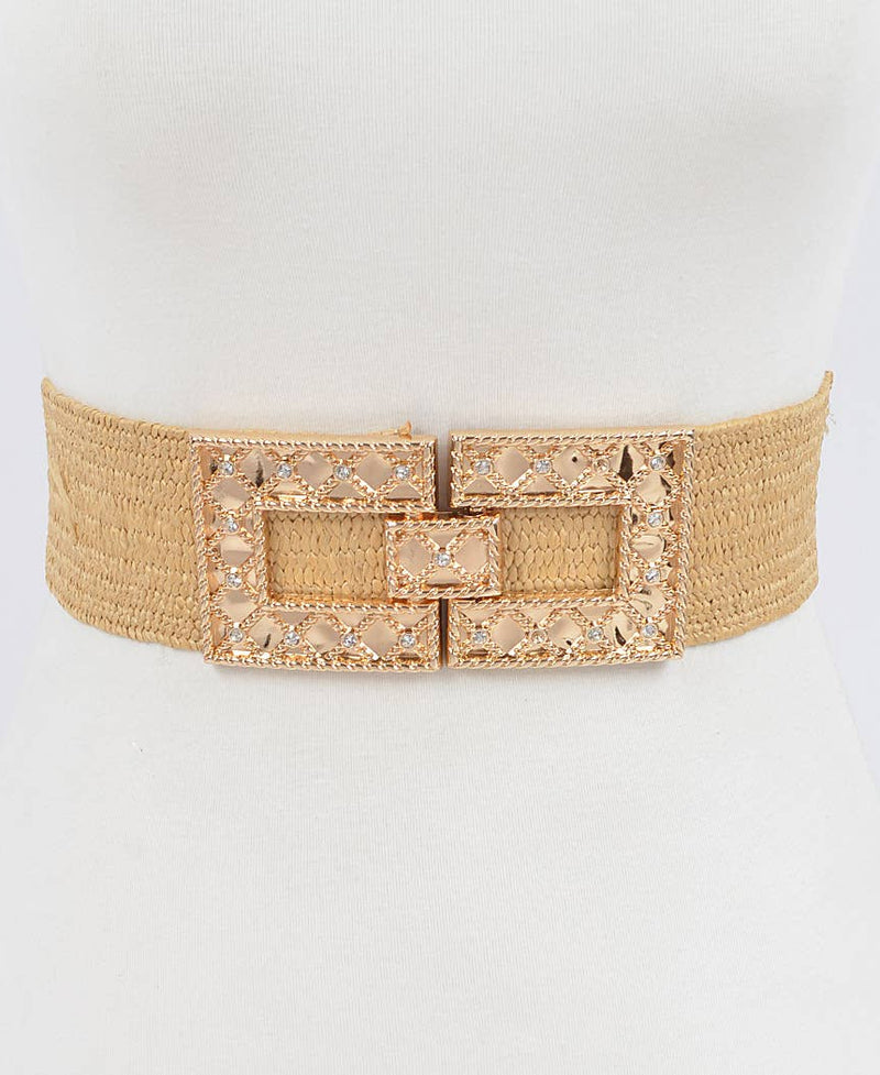 Rhinestone Buckle Stretch Straw Belt - 3 Colors