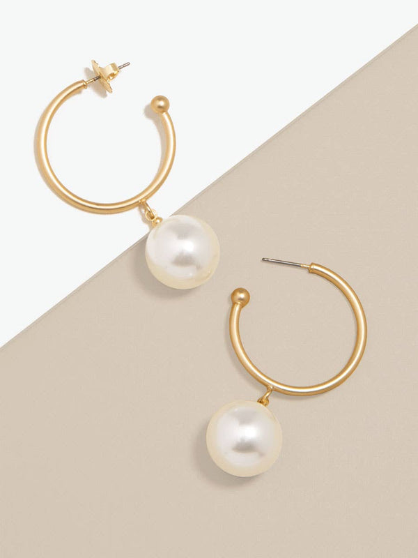 Matte Gold Bead Hoop Earring with Pearl