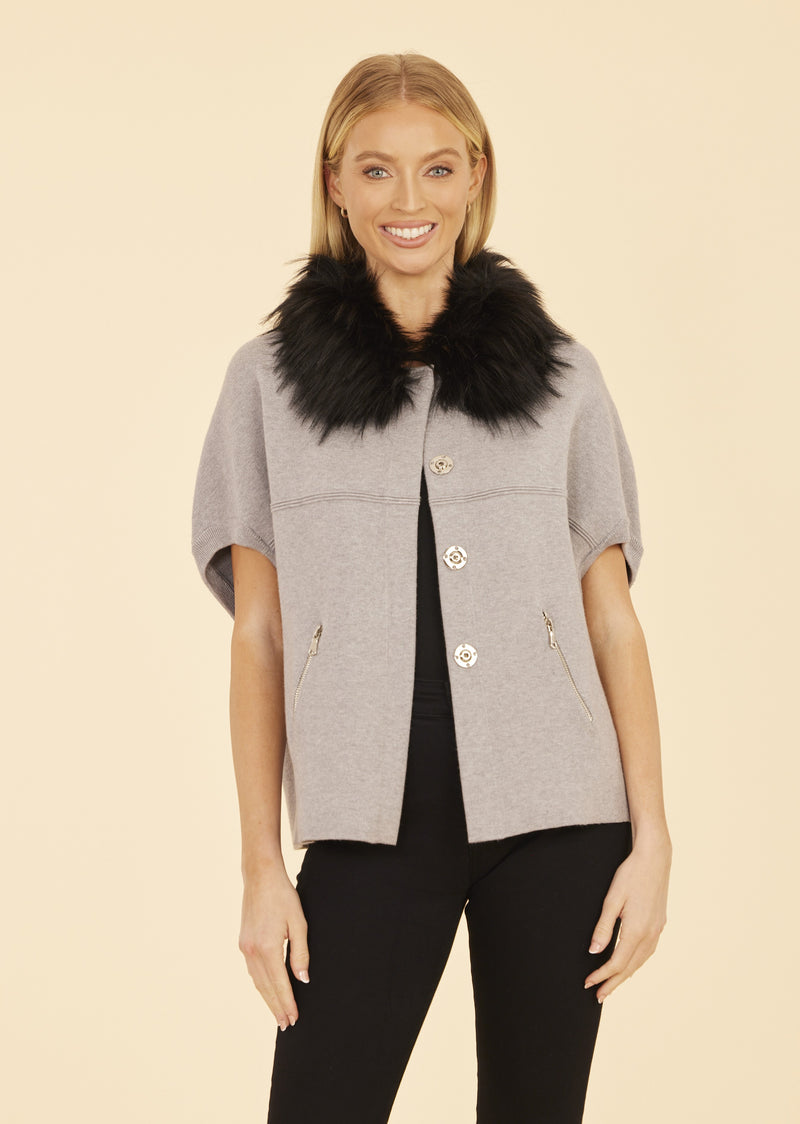 Faux Fur Collar Short Sleeve Cardigan