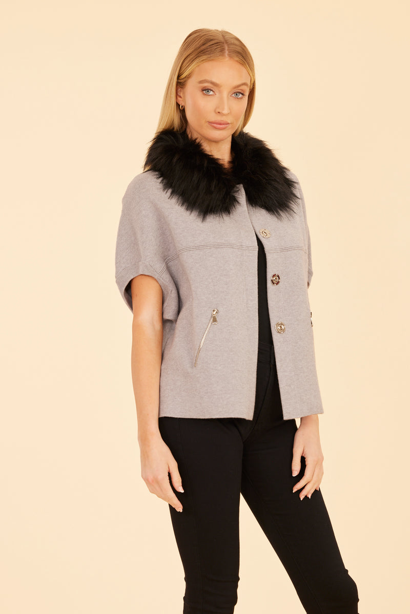 Faux Fur Collar Short Sleeve Cardigan