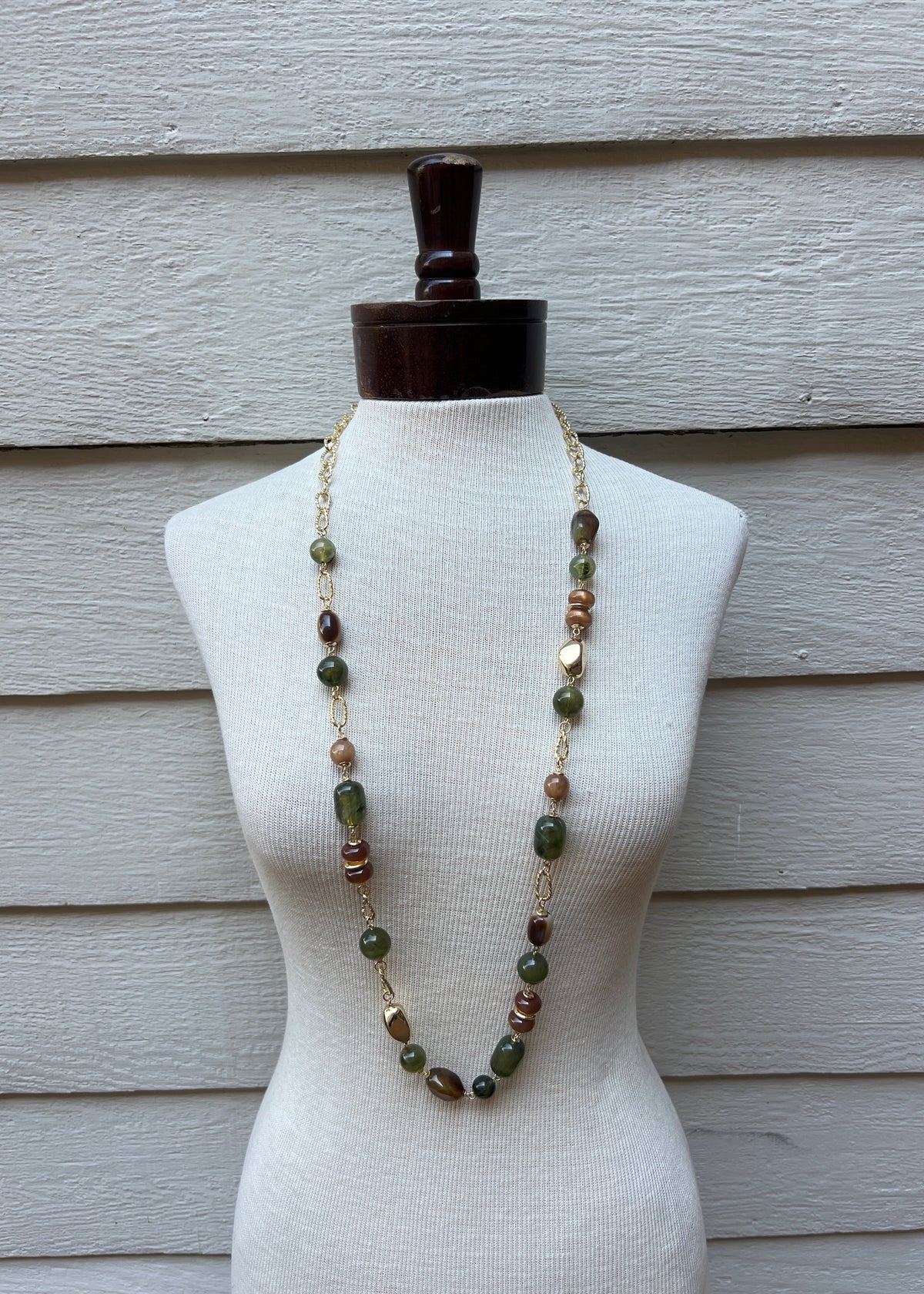 Long Olive and Brown Beaded Necklace