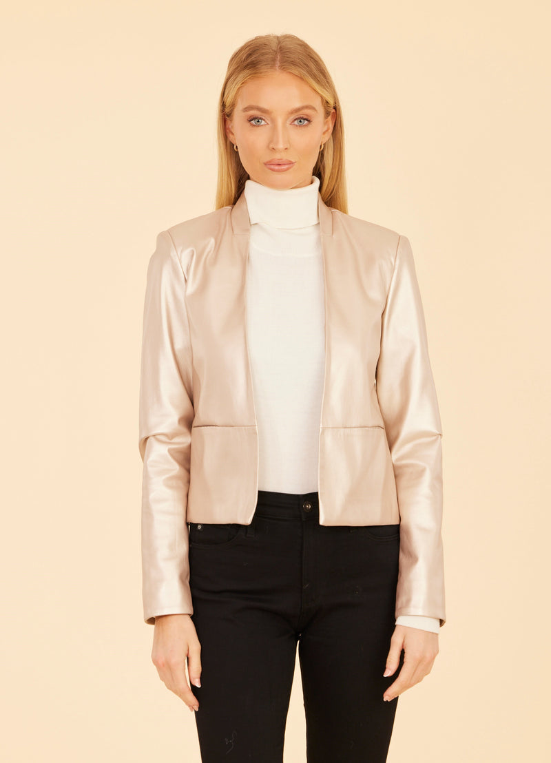 Metallic Open Front Faux Leather Blazer