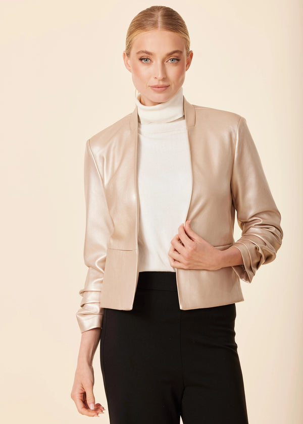 Faux Leather Ruched Sleeve Blazer