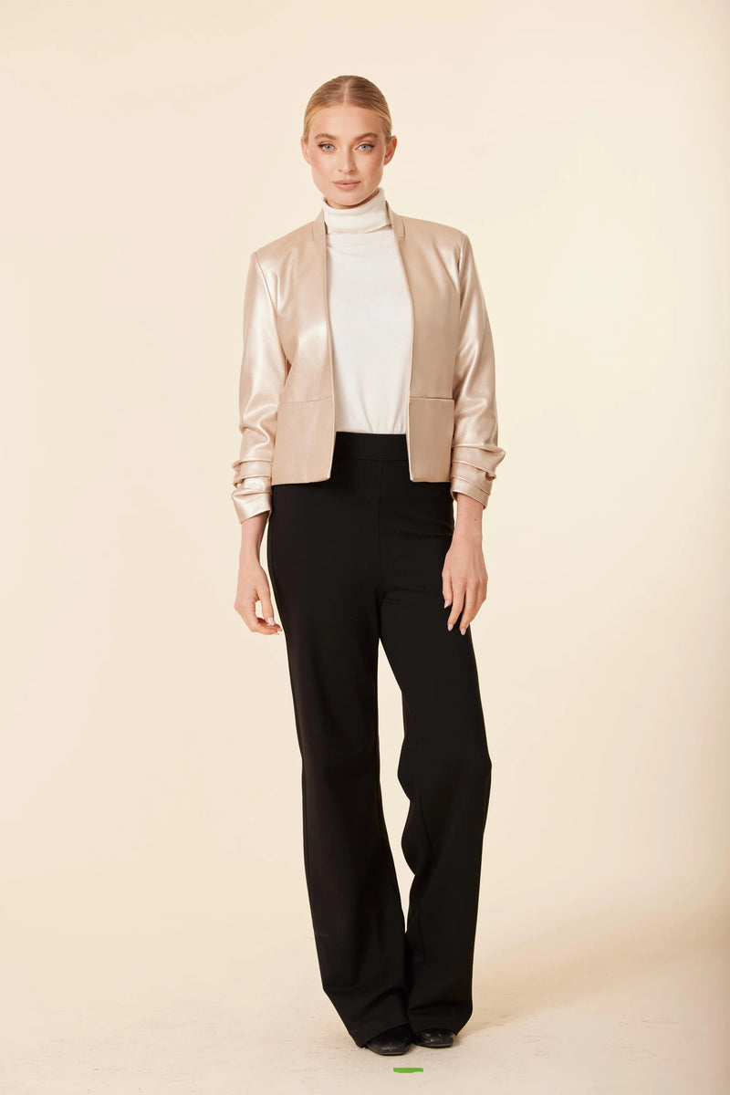 Faux Leather Ruched Sleeve Blazer