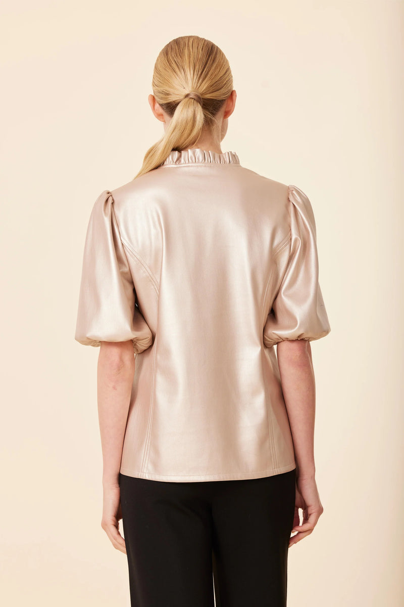 Vegan Leather Ruffle Neck Top