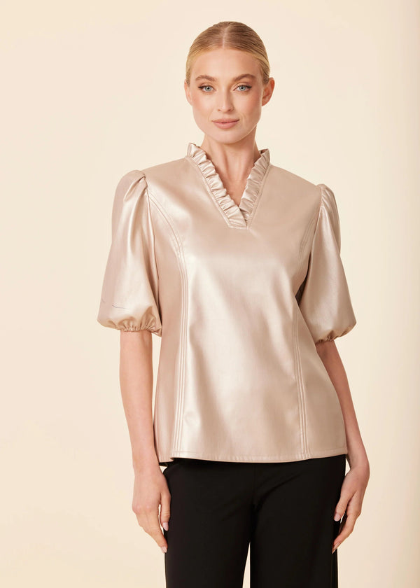 Vegan Leather Ruffle Neck Top