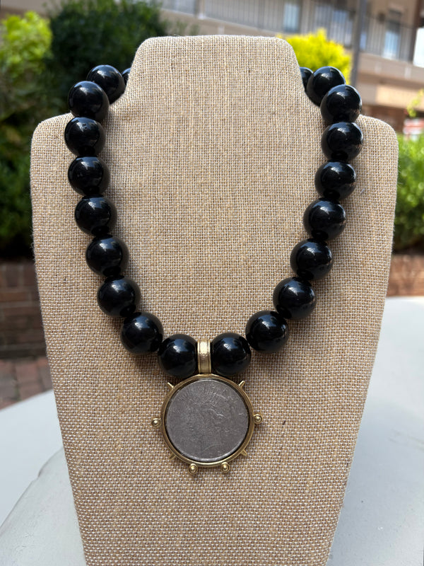 Black Bead Coin Necklace