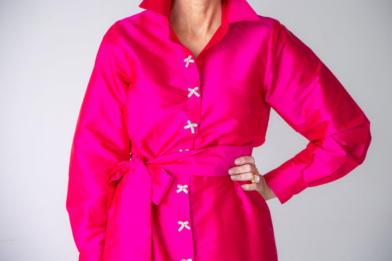 Taffeta Shirtdress With Crystal Bow Buttons - 3 Colors