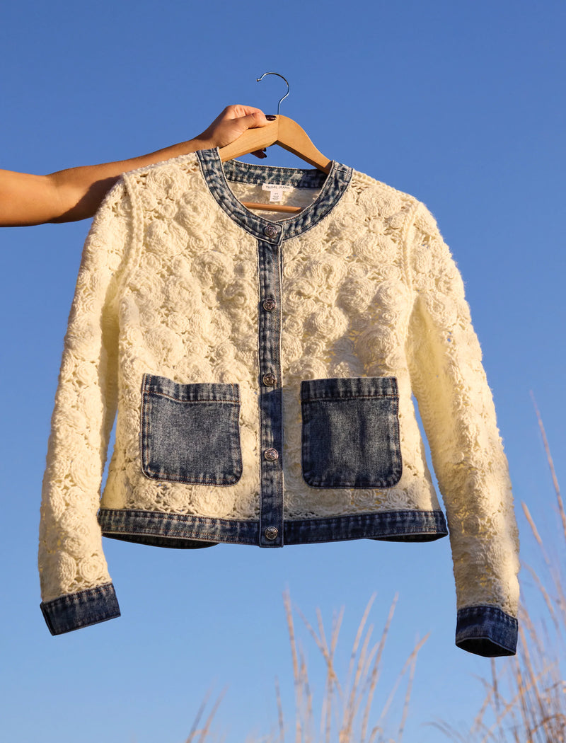 Mixed Media Crochet Jacket With Denim Detail