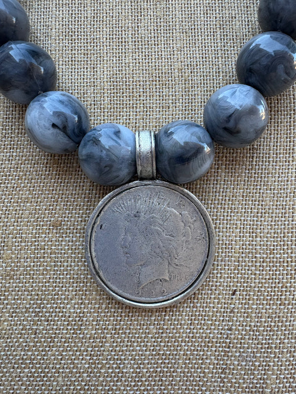 Grey Bead Liberty Coin Necklace