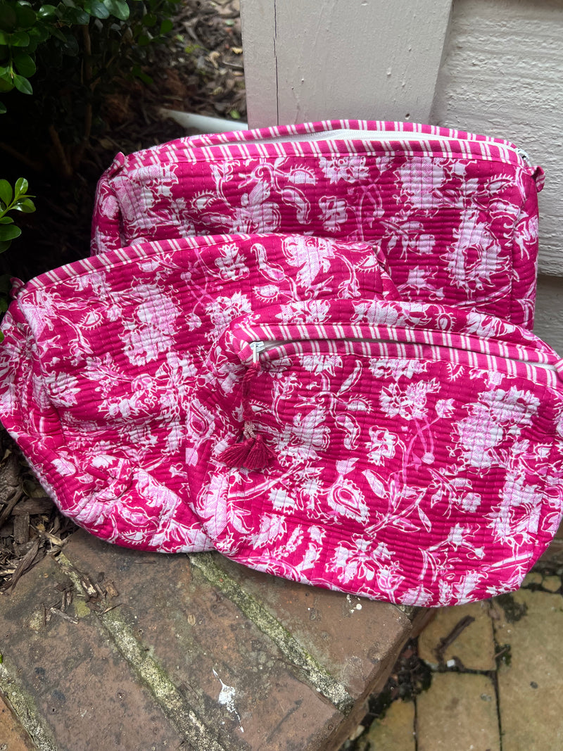 3 Piece Block Printed Cotton Cosmetic Bags