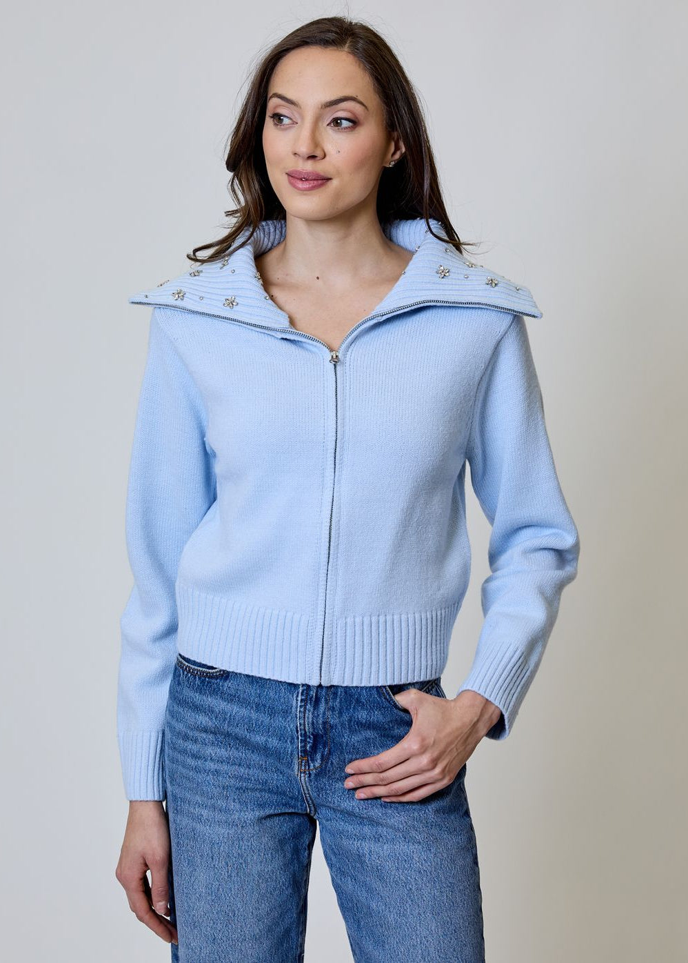 Zip Up Wide Collar Emboidered
