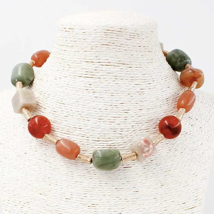 Gold Tube Beaded with Multi Color  18" Necklace