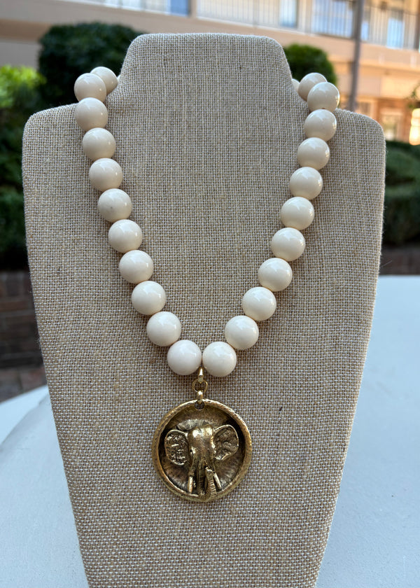 Cream Bead with Elephant Necklace