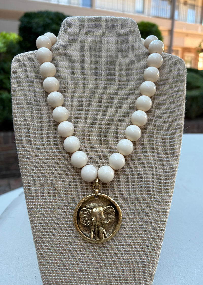 Cream Bead with Elephant Necklace
