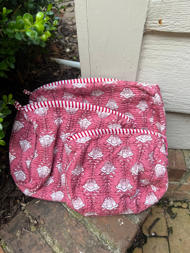 3 Piece Block Printed Cotton Cosmetic Bags