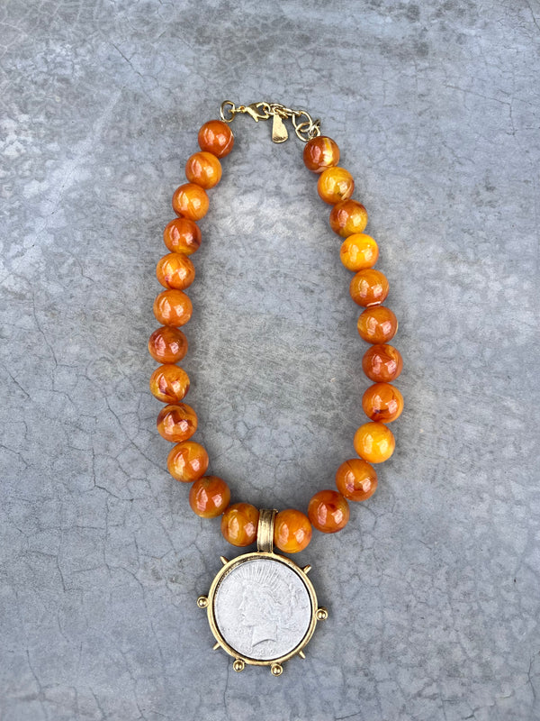 Orange Bead Coin Necklace
