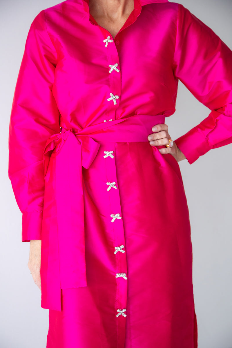 Taffeta Shirtdress With Crystal Bow Buttons - 3 Colors