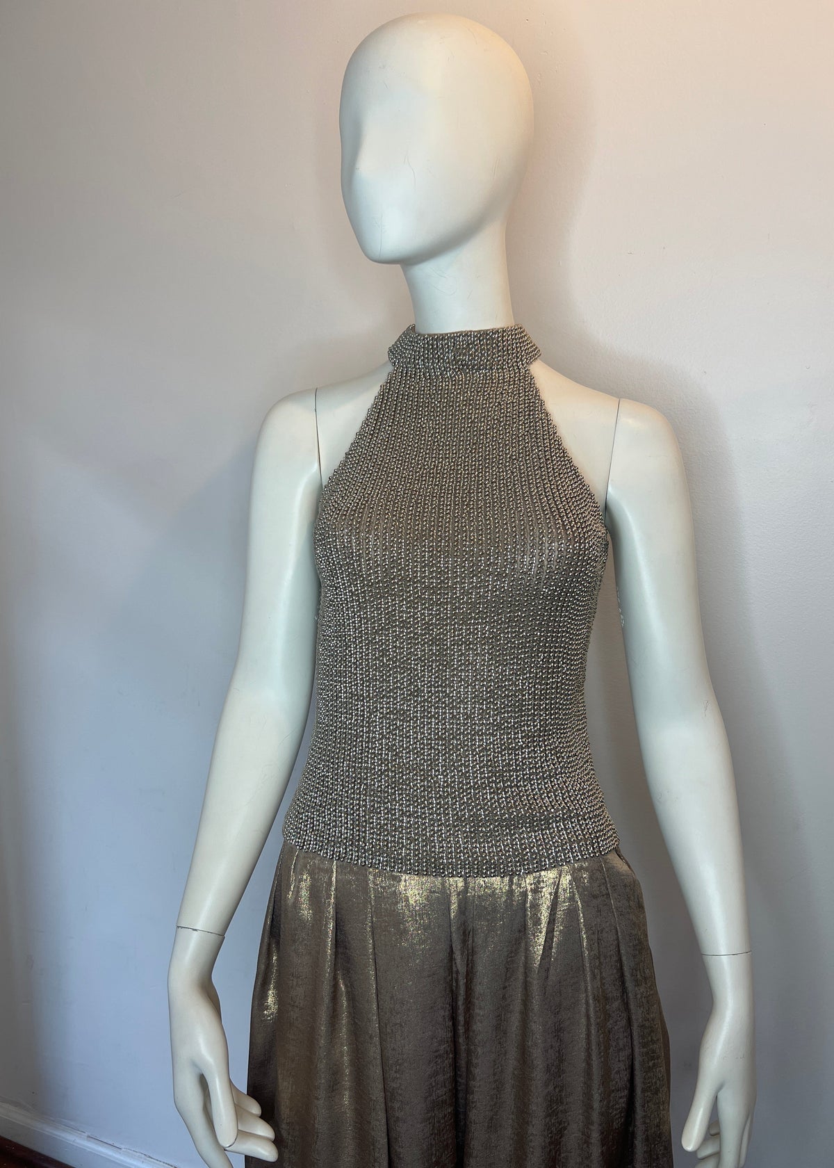 Metal Pearl Encrusted Sleeveless Mock Neck