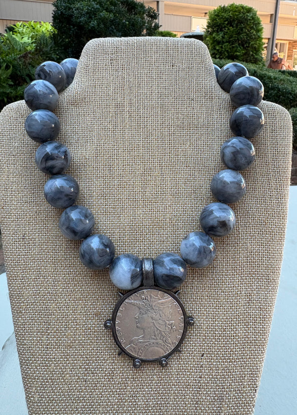 Grey Bead French Madagascar Coin Necklace