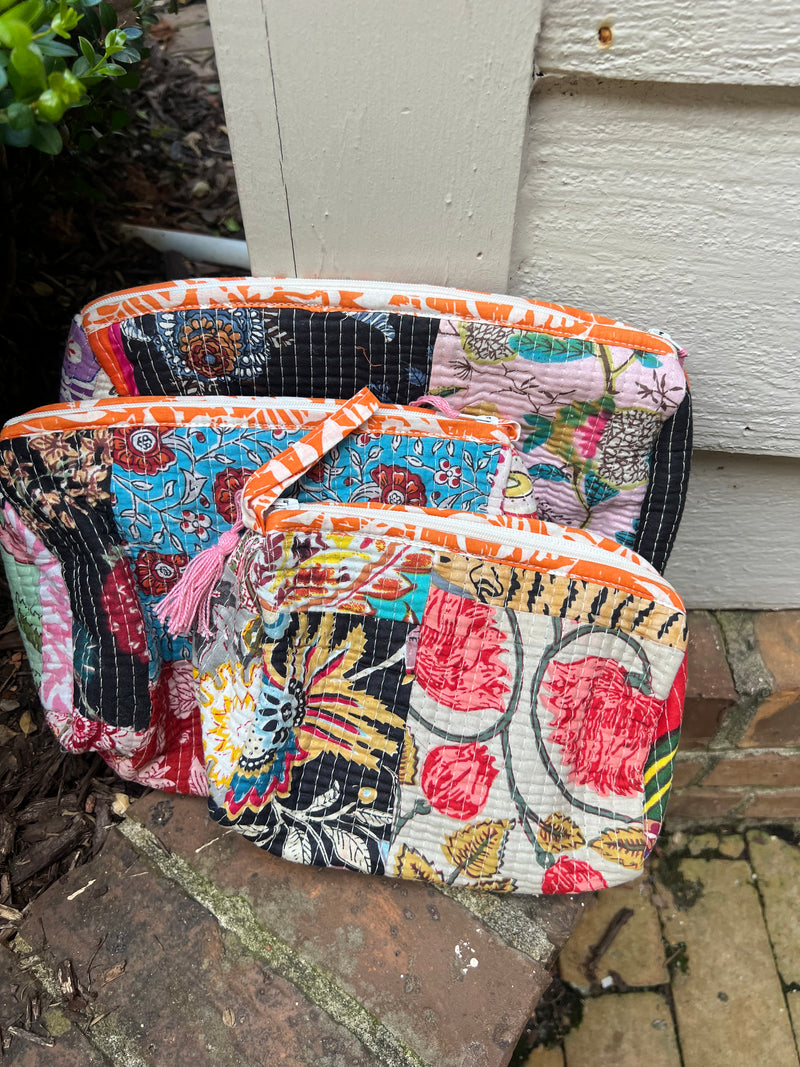 3 Piece Block Printed Cotton Cosmetic Bags