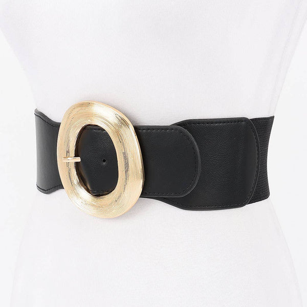 Wide Round Buckle Stretch Belt - Black