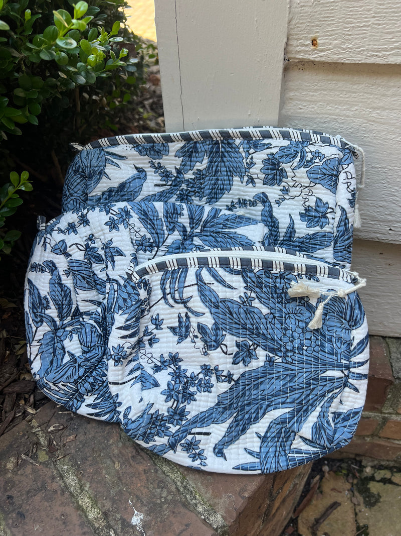 3 Piece Block Printed Cotton Cosmetic Bags