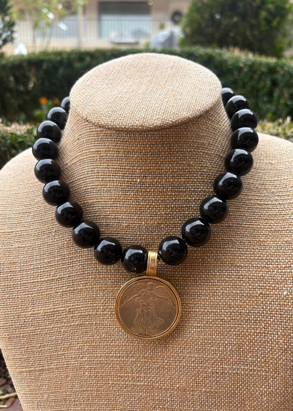 Black Bead Gold Angel Coin Necklace