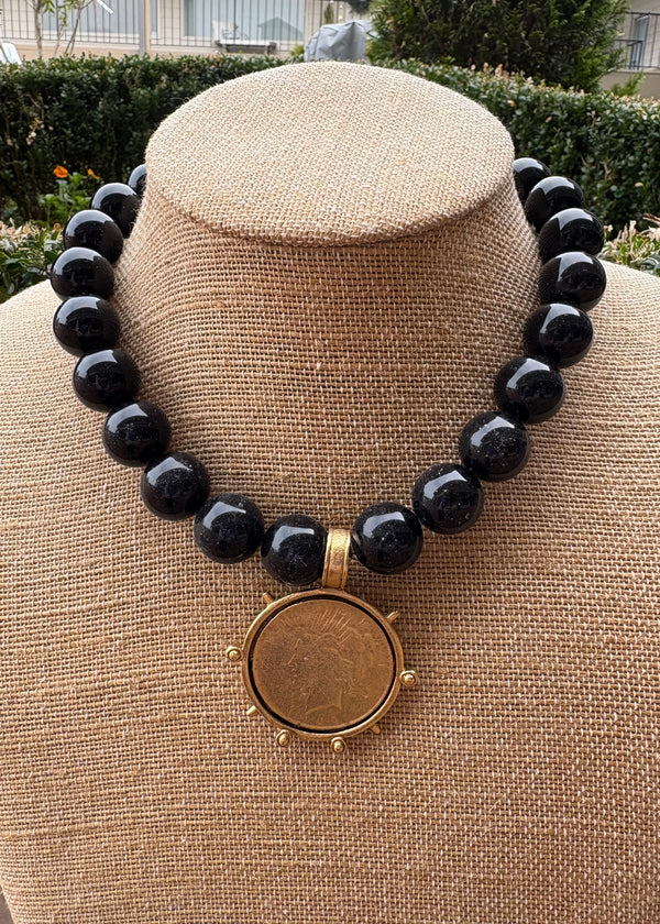 Black Bead Gold Liberty Coin Necklace