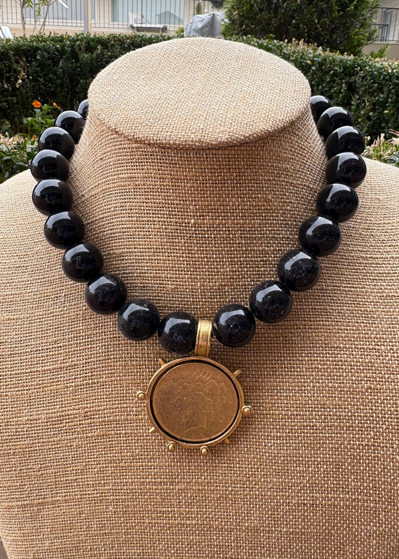 Black Bead Gold Liberty Coin Necklace