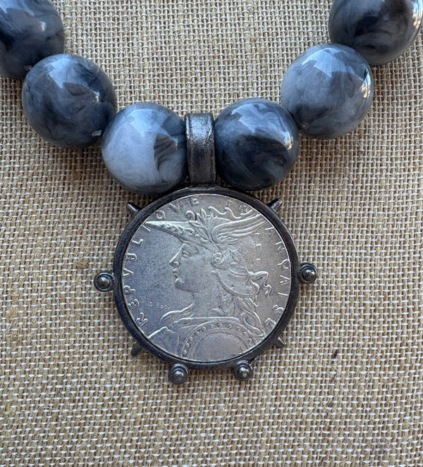 Grey Bead French Madagascar Coin Necklace
