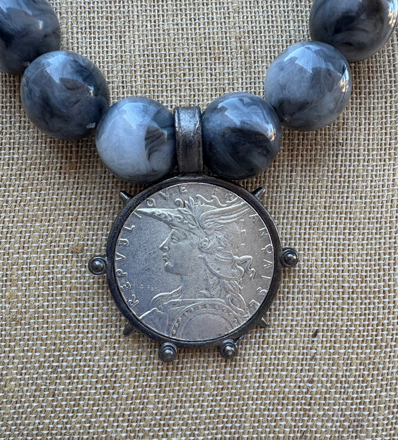 Grey Bead French Madagascar Coin Necklace