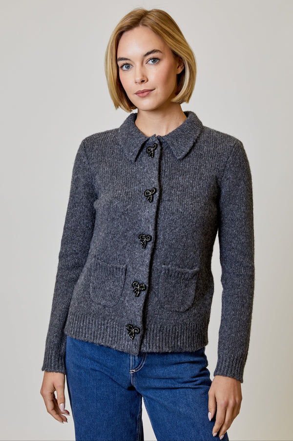 Beaded Bow Button Cardi