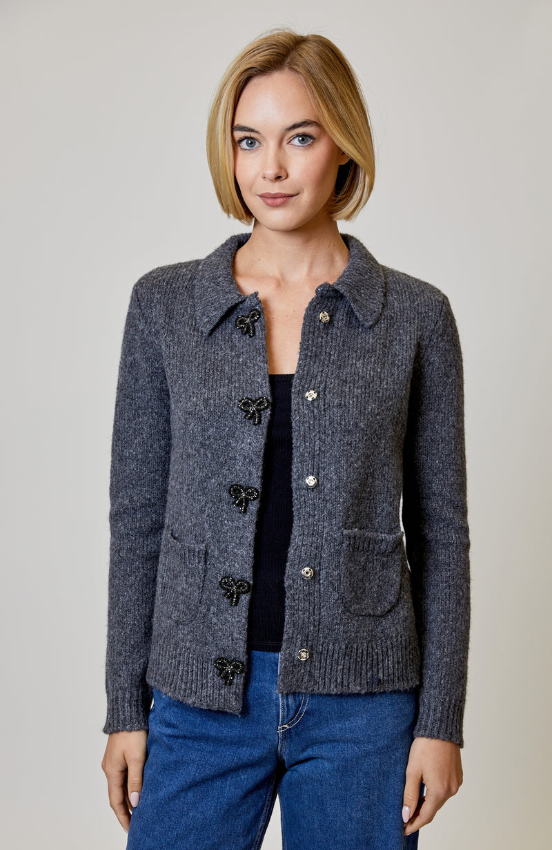Beaded Bow Button Cardi