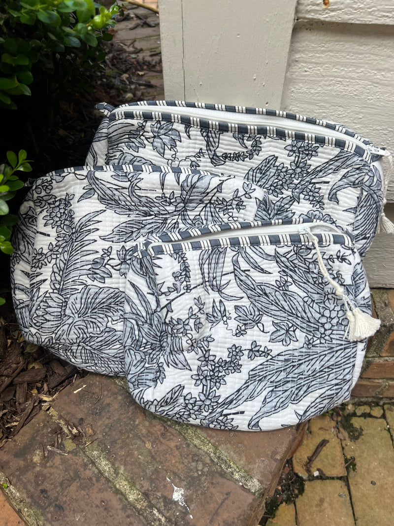 3 Piece Block Printed Cotton Cosmetic Bags