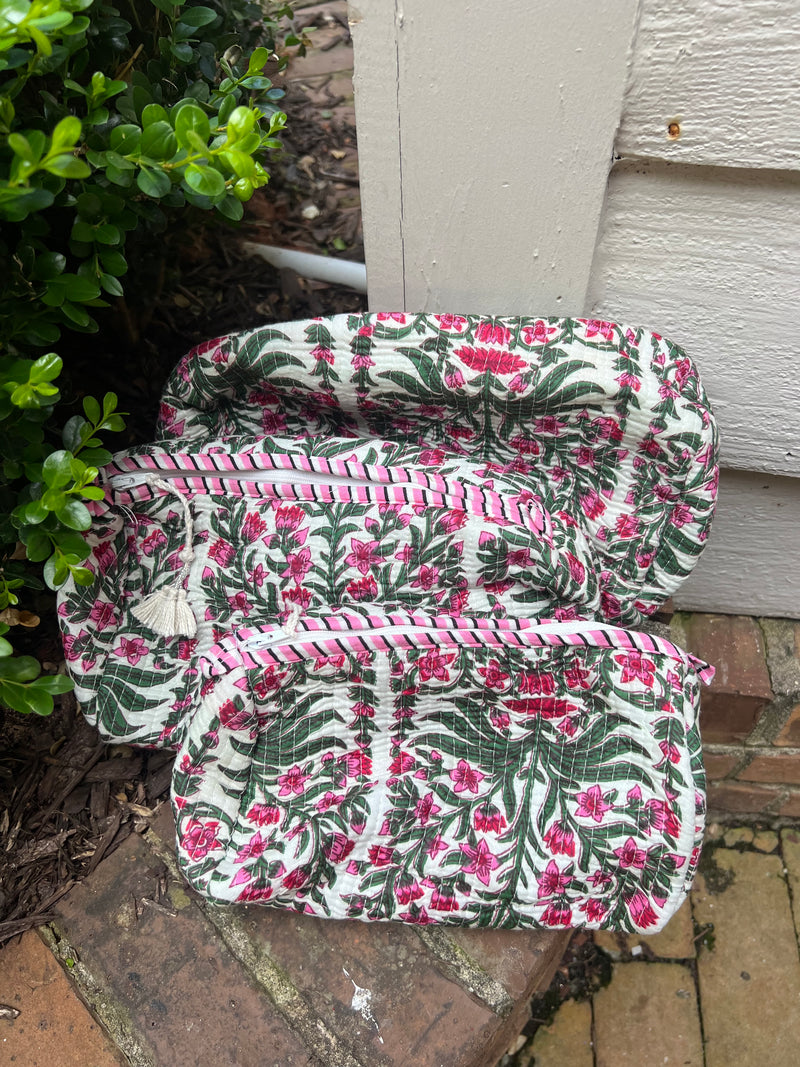 3 Piece Block Printed Cotton Cosmetic Bags