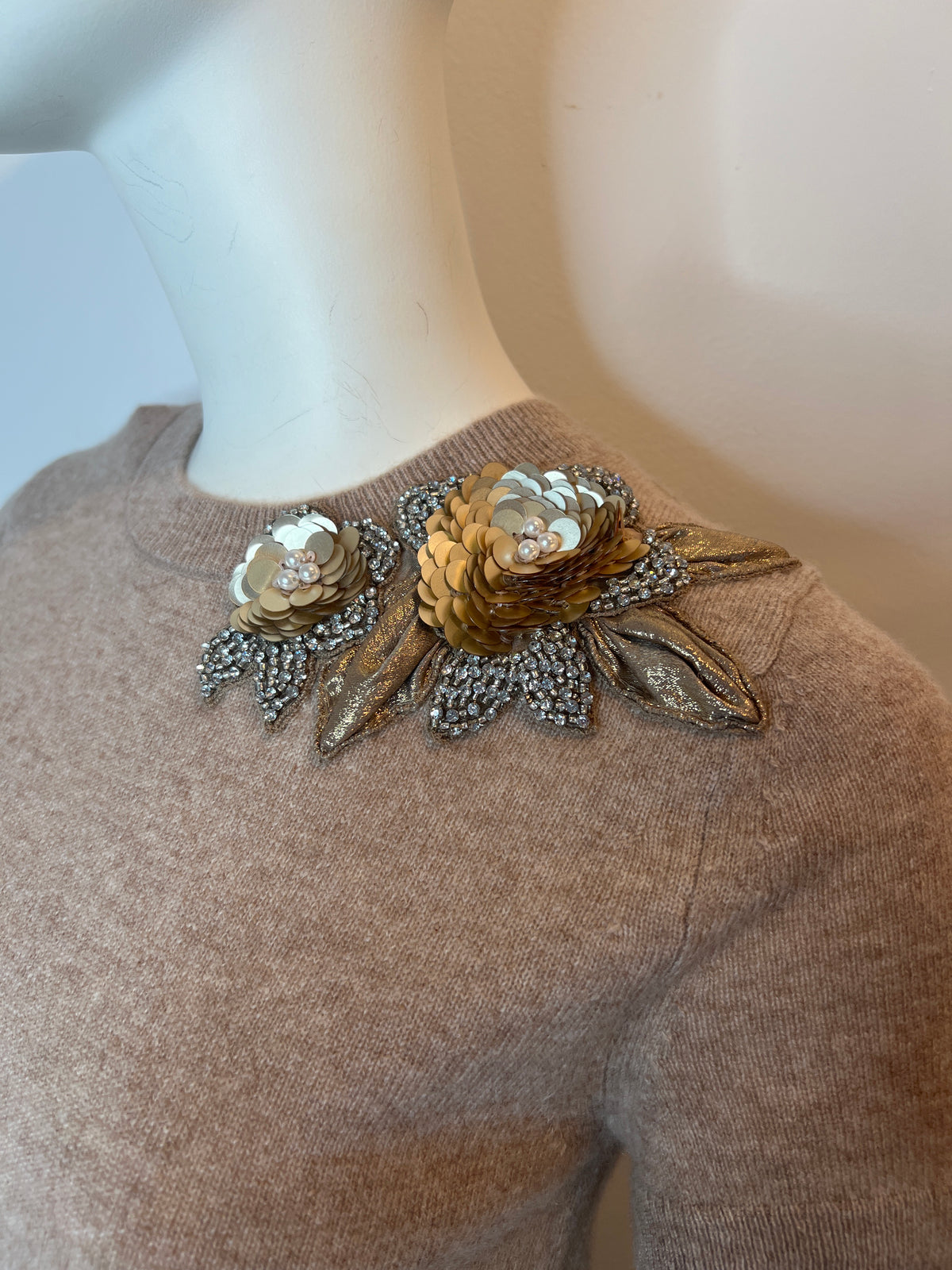 Cashmere Sweater with Applique Pailette Flowers