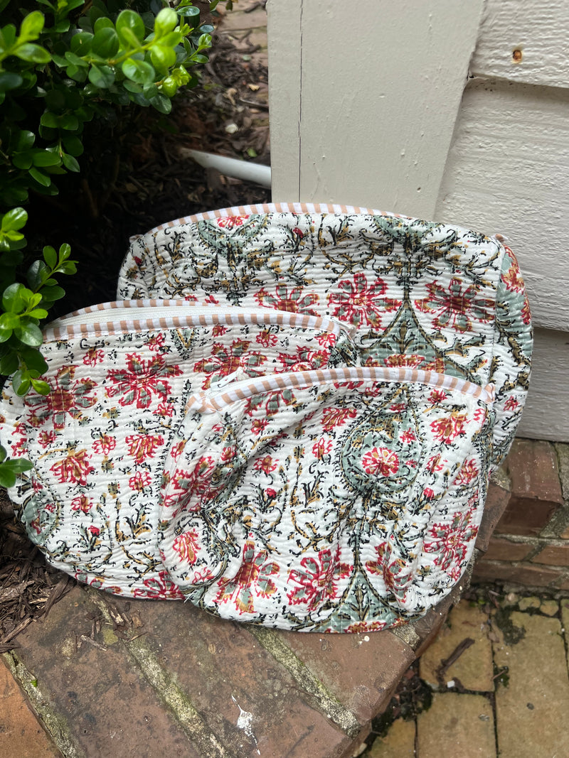 3 Piece Block Printed Cotton Cosmetic Bags