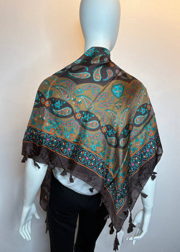 Silk Square Scarf with Cashmere Print and Tassels