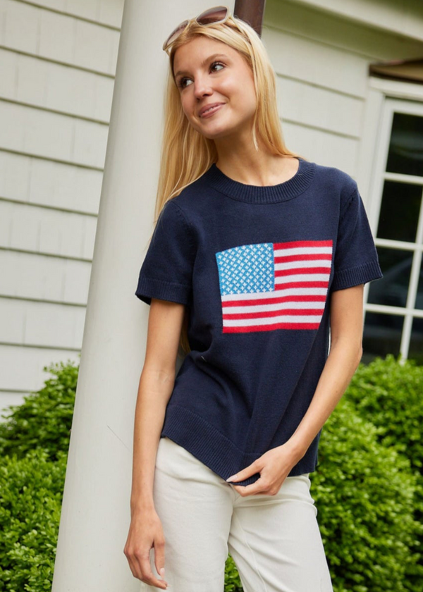 Short Sleeve Flag Sweater - Navy