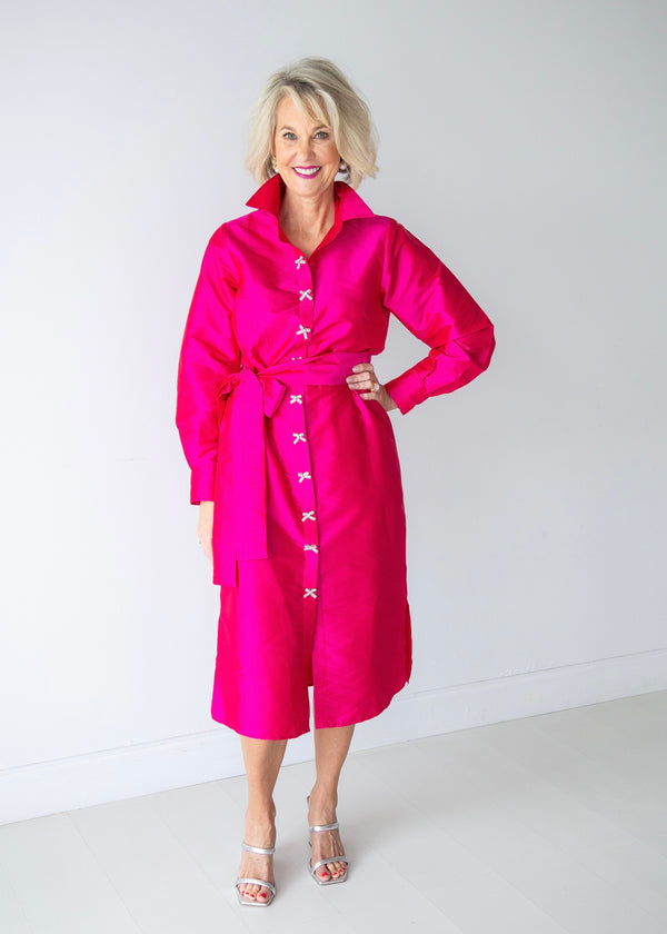 Taffeta Shirtdress With Crystal Bow Buttons - 3 Colors