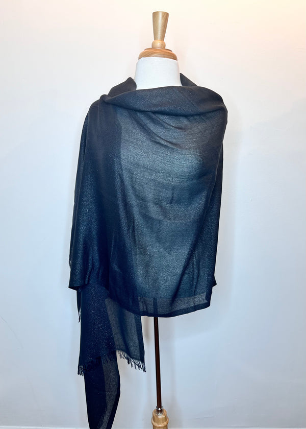 Solid Metallic Woven Evening Wrap: Black