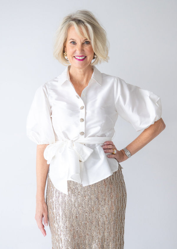 Puff Sleeve Blouse With Floral Medallion Buttons