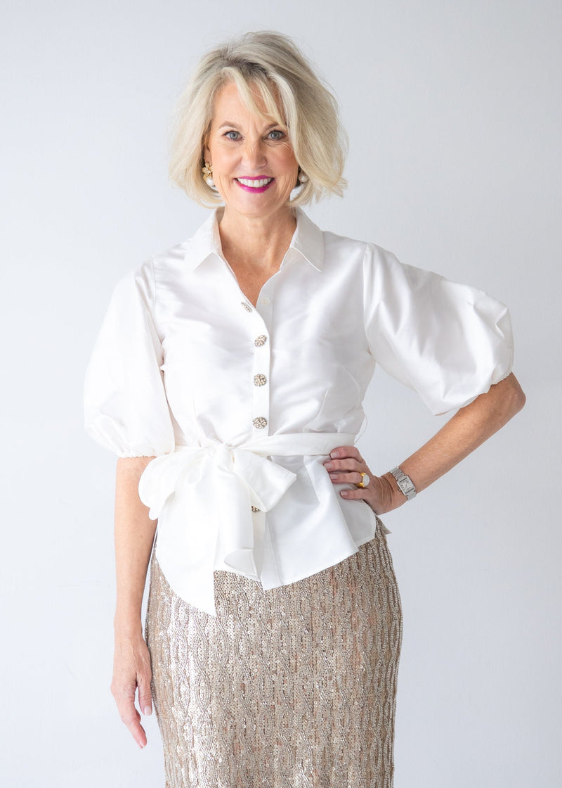Puff Sleeve Blouse With Floral Medallion Buttons