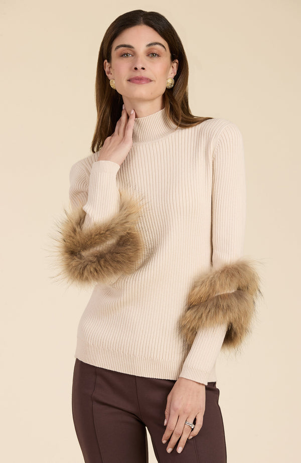 Cotton Cashmere Mock Neck Fur Sweater - 2 Colors