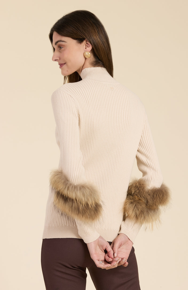 Cotton Cashmere Mock Neck Fur Sweater - 2 Colors